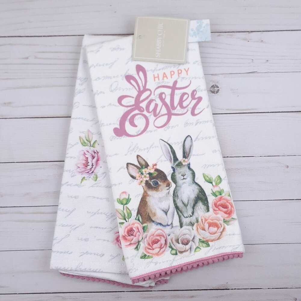 Shabby Chic Easter Kitchen Towels Set of 2 Bunny Flowers Floral Pink